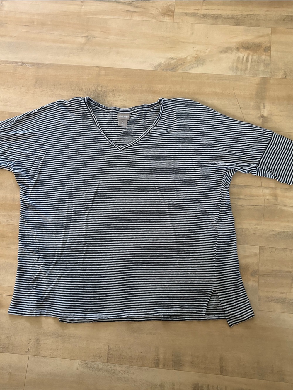 Chico's Navy and White Striped V-Neck 3/4 Sleeve Top